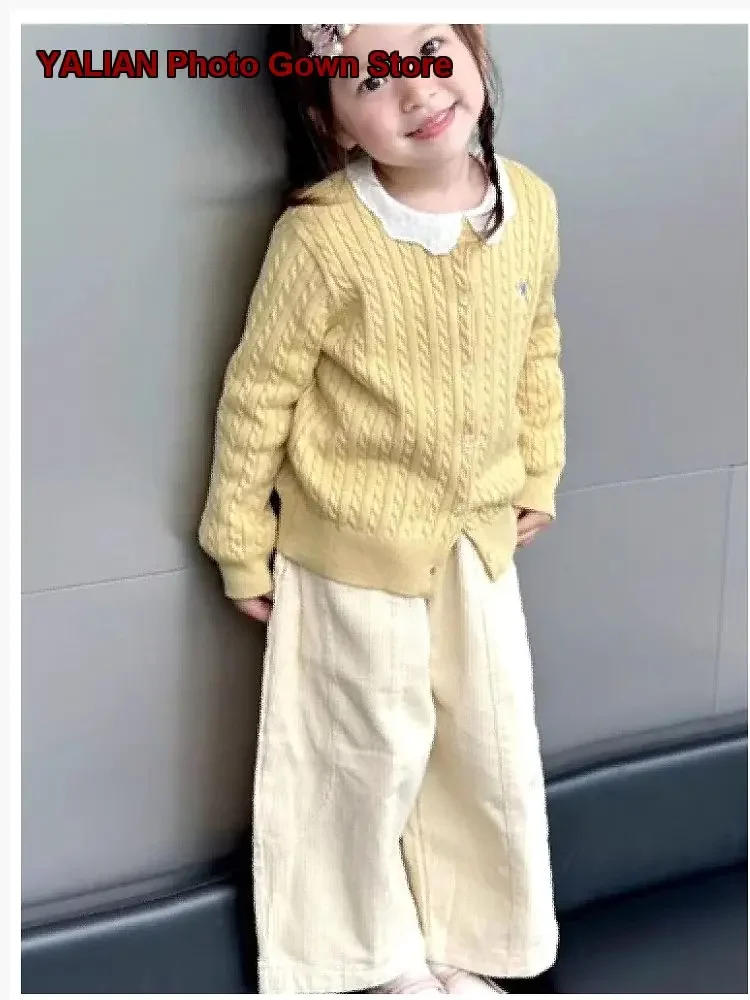 Girls Yellow Cable Knit Pants Apricot Corduroy Casual Pants Korean Style 2026