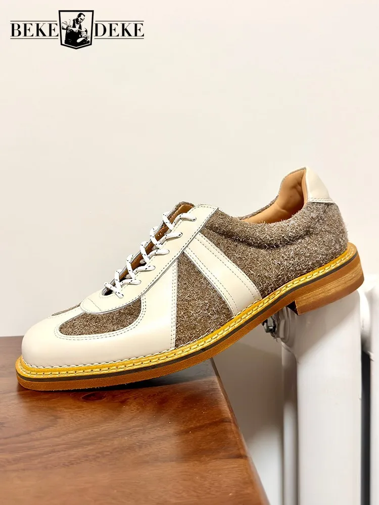 Business Casual Mens Genuine Leather Shoes Lace Up Spliced Suede Cowskin Vintage  Casual Sneakers Round Toe Designer Footwear