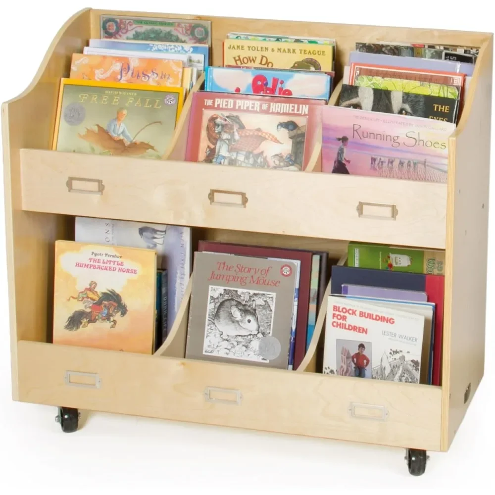 Mobile Book Organizer - Wooden Rolling Bookshelf and School Supply Cart with Casters and nameplate labels - Storage Furniture