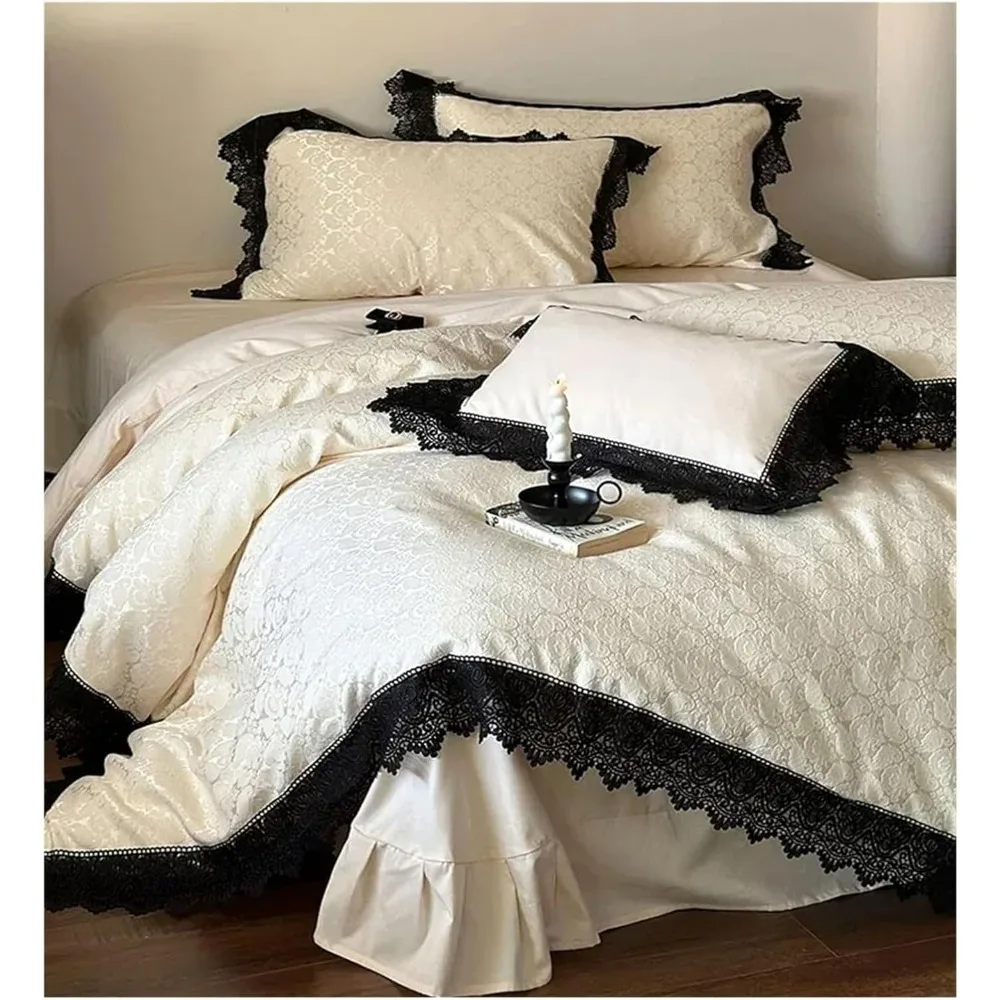 Four piece cotton thick warm French luxury lace matching bed sheet and duvet cover, autumn and winter bedding (queen)