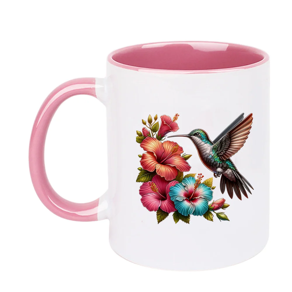11oz Ceramic Coffee Mug with Hummingbird and Hibiscus Flower Print Summer Office Tableware for Birthday Mother’s Day Holiday Pre