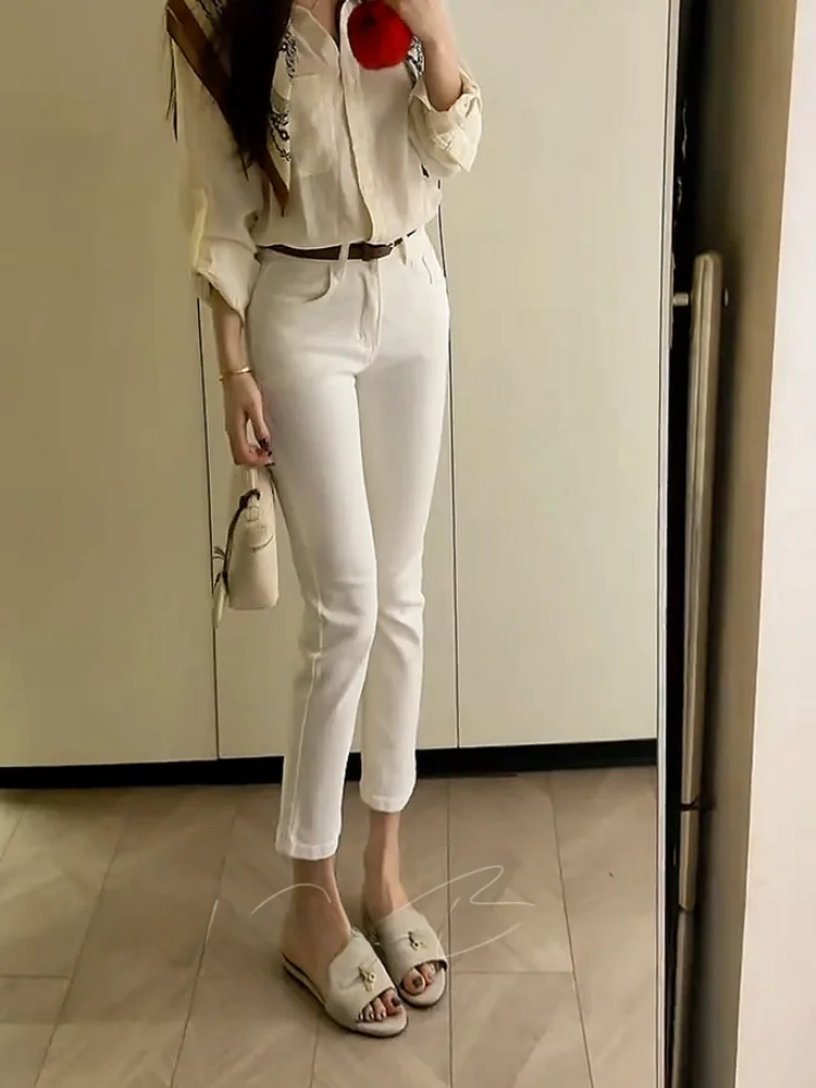 

Ele White High Waist Slim Fit Straight Leg Jeans Women's Faionable Versatile High Elastici Commute Nine-Piece Pants