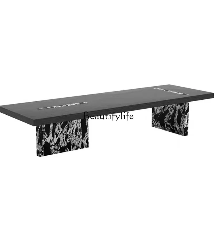 

Modern simple designer solid wood tea table black and white flower marble creative art dining table