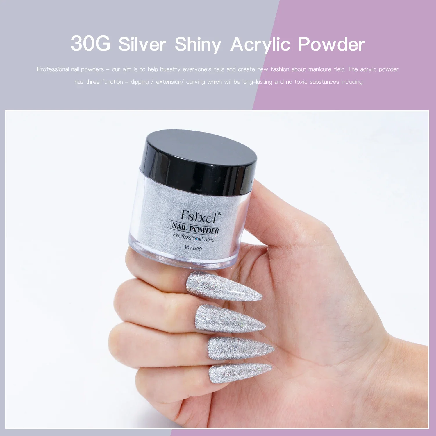 FSIXCL 1 Unze Dipping Silber Acryl Pulver Nail Art Mixed Glitter DIY Design für professionelle Maniküre Verlängerung natürlich trocken