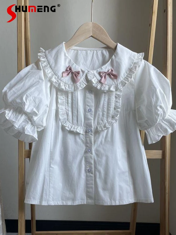 

Japanese Style Lolita Doll Collar Puff Sleeve Tops Pure Cotton Cute Bow Single-Breasted White Bottoming Shirt Blouse Women