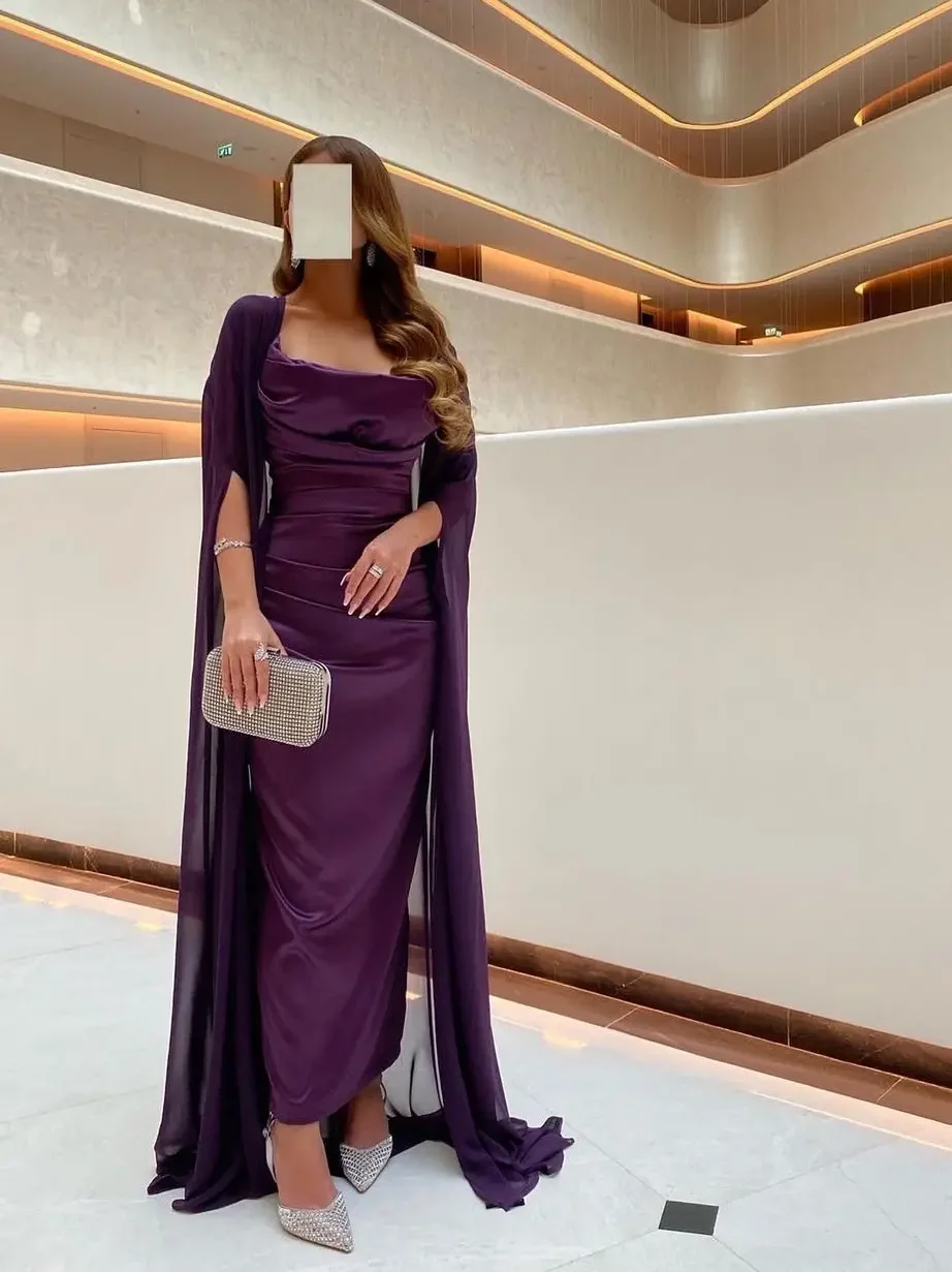 

Evening Purple Elegant Evening Prom Dresses Sheath With Cape Strapless Ankle-Length 2-Piece Customized Formal Occasion Dresses