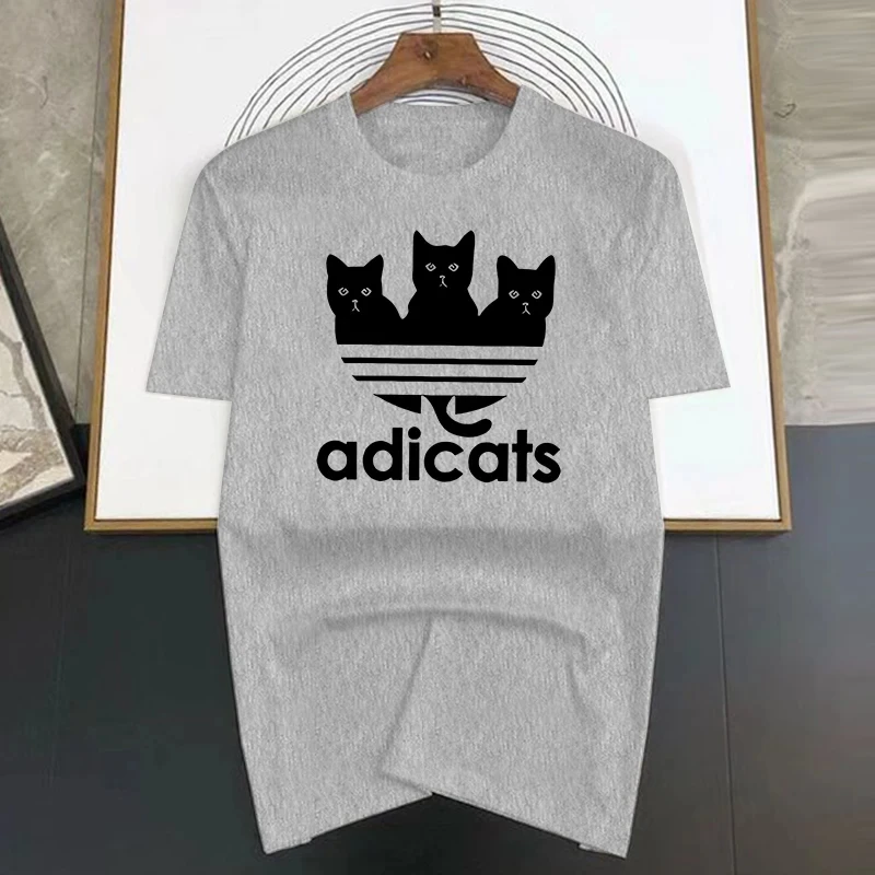 Three Cats Printed Unisex Soft And Comfortable T Shirt Cool Shirts O-Neck Streetwear Black and White Tee Man