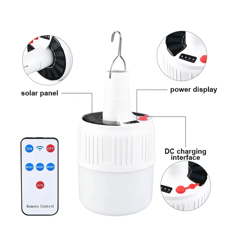 Solar Charging Portable Outdoor LED Camping Light Bulb Remote Control with 5-speed Adjustable Light Waterproof Hook Tent Light