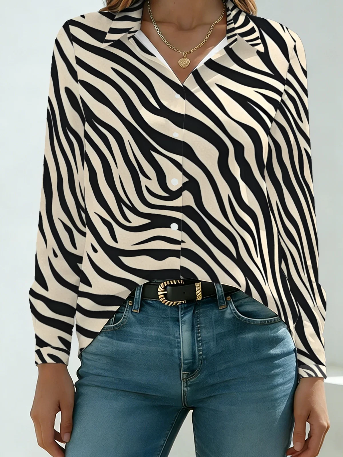 Minimal European Wild Skin Womens Collared Shirt Cream White Base Thick Curved Zebra Allover Print Long Sleeve Dating Gentle Blo