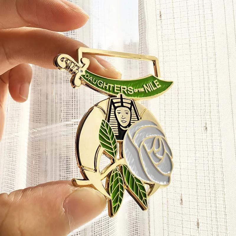 Masonic Daughters of the Nile Enamel Metal Craft Badge Charm Egyptian Pharaoh Symbolism White Rose & Sword Design Shriner
