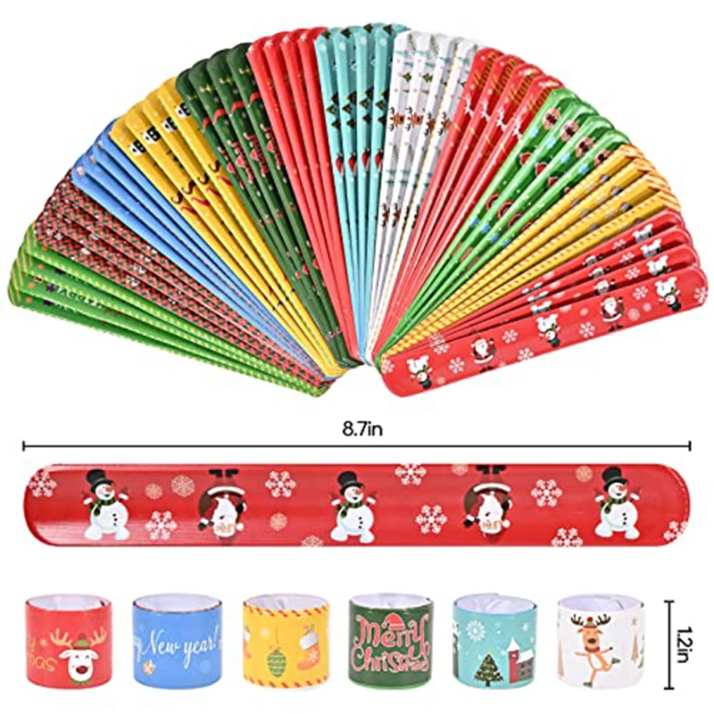 48 個のクリスマス スラップ ブレスレット バルク サンタ クロース メリー クリスマス プリント リストバンド 男の子 女の子用 ホリデー スラップ ブレスレット