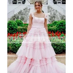 Pink Wedding Dress Bride Gowns Feathers Tiered Sleeveless Elegant Floor Length Pricess Gown For Wedding Party Vestido De Noiva