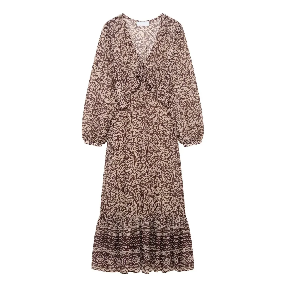 

2025 BM&MD&ZA Women's Long - sleeve Maxi Dress V - neck with Paisley Print and Front Knot Detail Flowy and Elegant