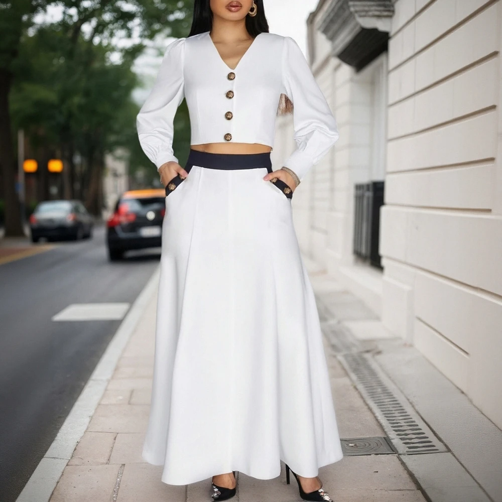 Elegantes Maxirock-Set für Damen, langärmelig, V-Ausschnitt, A-Linie, schickes, schlichtes Pendel-Outfit, geknöpft, Herbst und Winter