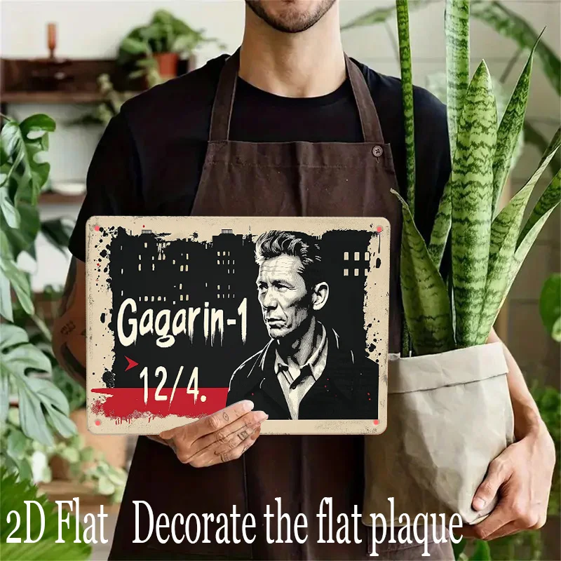 Retro Pop-Style Iron Metal Sign Featuring Soviet Cosmonaut Gagarin, , Combining City Silhouette and Ink Art Elements for a Blen