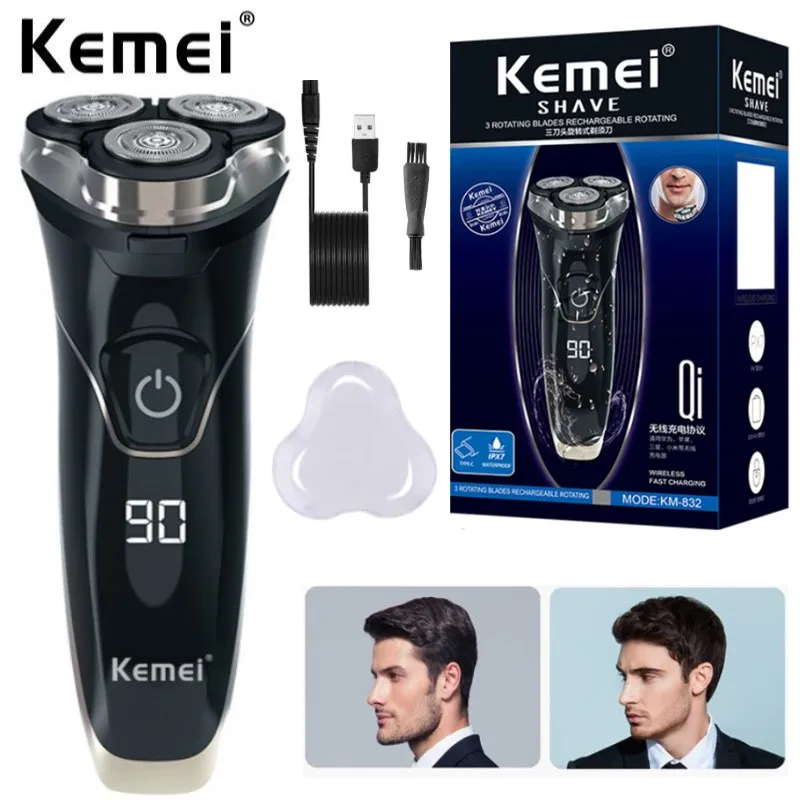 Kemei 832 rotary wet dry electric shaver for men washable beard electric razor facial shaving machine rechargeable LCD display