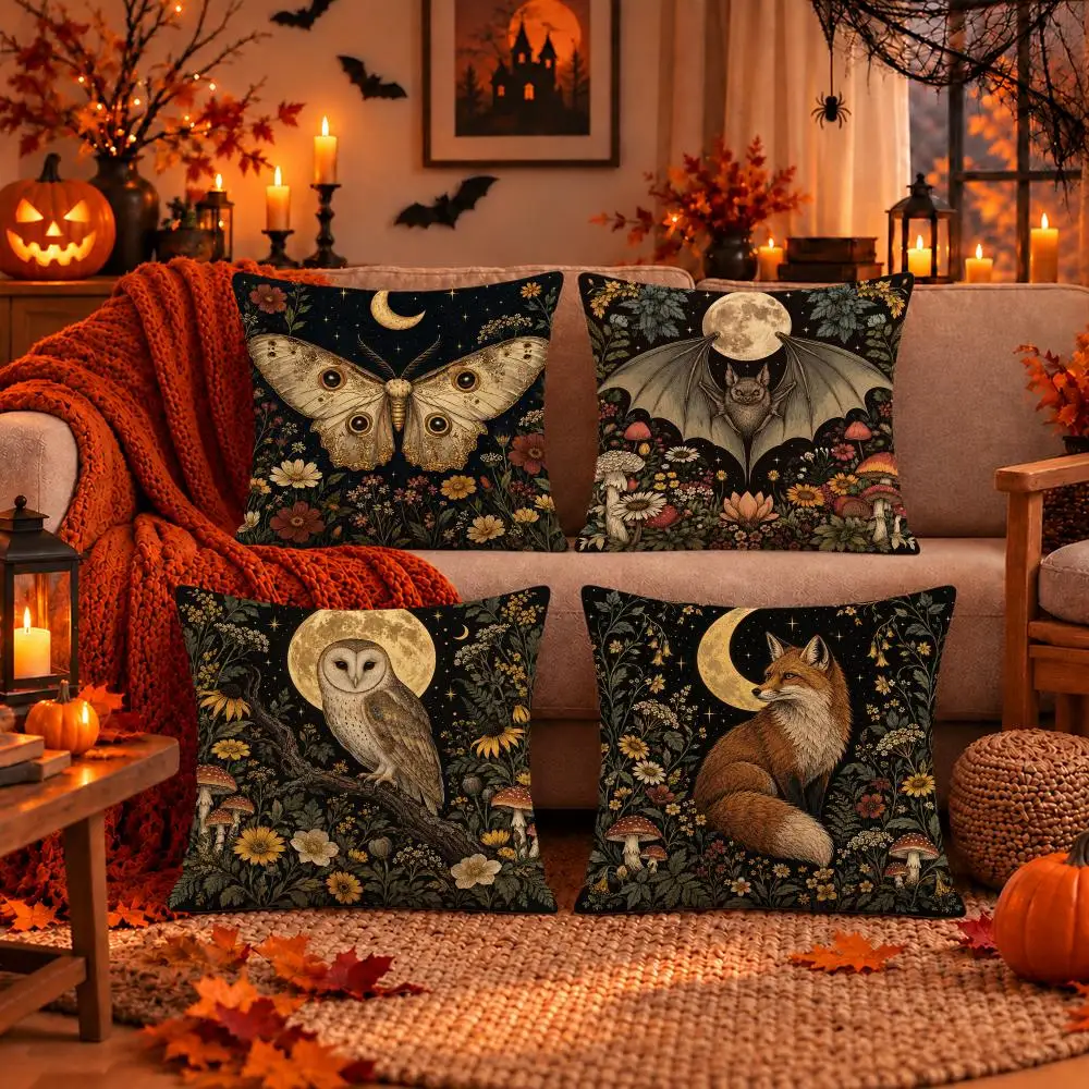 Art Halloween Midnight Moonlit Forest Cushion Cover Dark Gothic Plush Pillow Covers for Sofa Bedroom Home Decor
