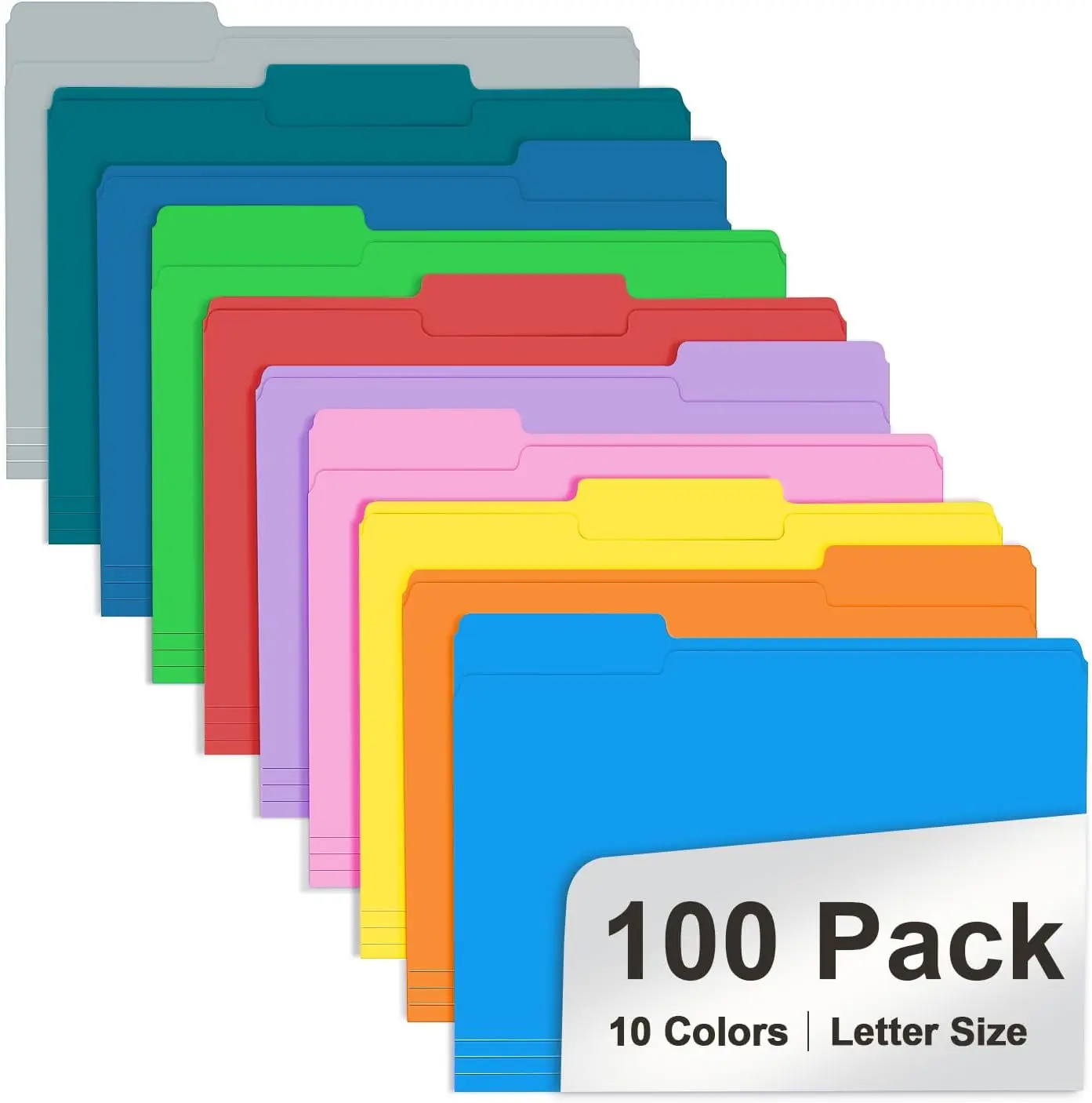 

1/3 Cut Tab File Folders, Letter Size, Assorted 10 Colors (100 Pack) for Office School Business Use