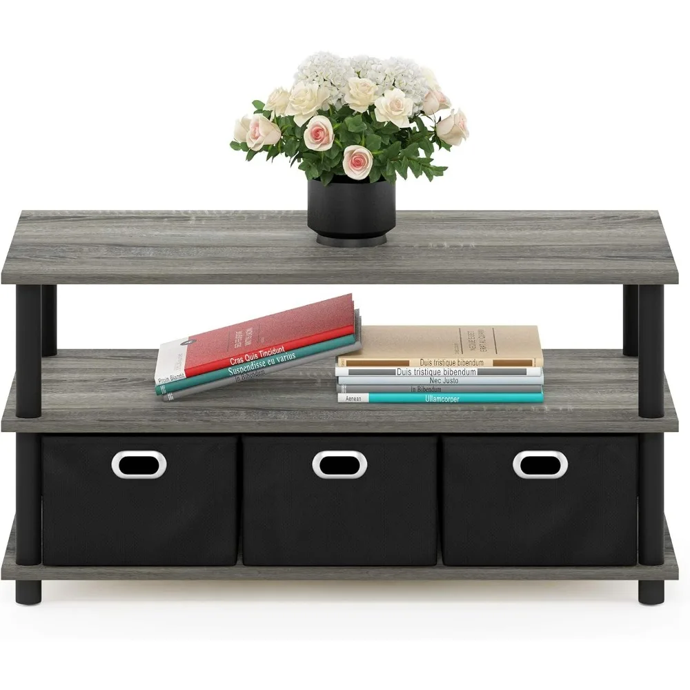 Modern 3-Tier Coffee Table with Storage Bins, French Oak Grey Finish, Easy Assembly for Living Room