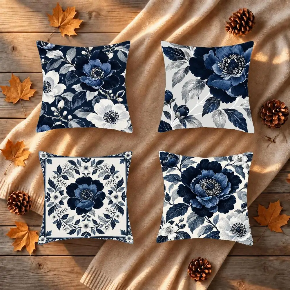 Blue Peonies Elegant Romantic Cushion Cover 1/4Pcs Soft Plush Throw Pillow Cover Double-Sided Print Sofa Living Room Decor