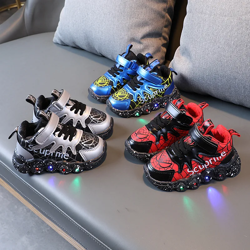 Disney Children\'s LED Light Shoes Fashion Aoger Spiderman Boys Sneakers Girls Casual Shoes Breathable Kids Non-slip Sport Shoes