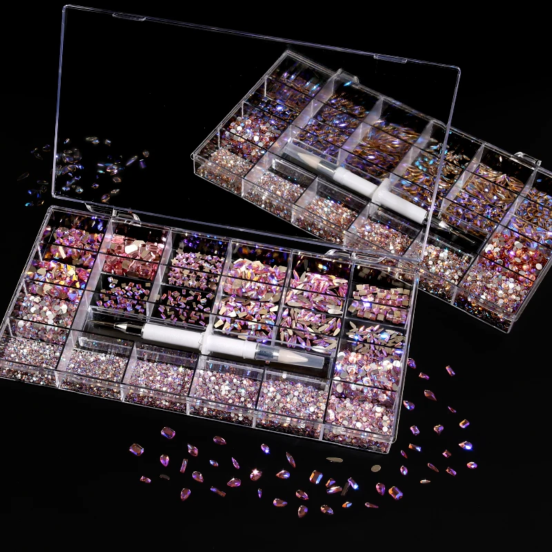 3100PCS Luxury White Pink AB Nail Art Rhinestones Crystals Set Kit Gems 3D Diamond Decoration Manicure 21 Shape 1PCS Pick Up Pen