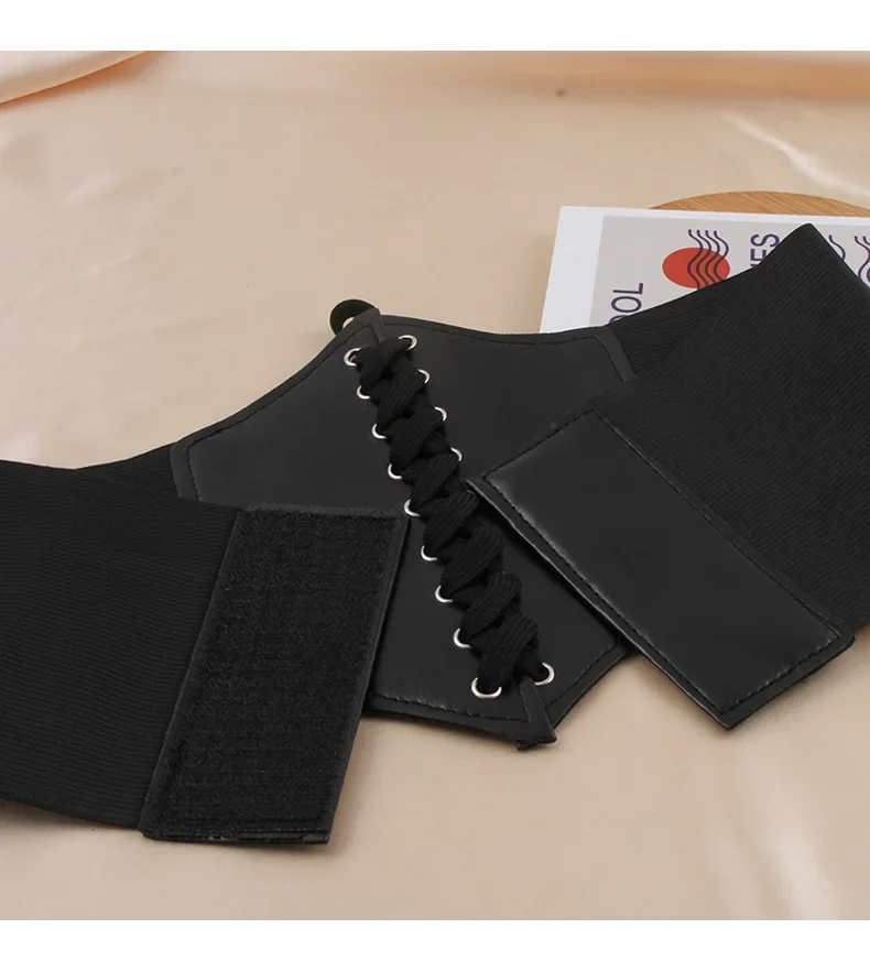 Women Black Tied Waspie Belt Lace-up Cinch Belt Corset Elastic Waist Belt Pu Leather Elastic Sexy Bridal Corsets and Bustiers