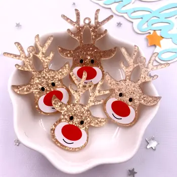 6 adet renkli Glitter gökkuşağı altın noel geyik kafası düz arka akrilik levha minyatür desen aplike DIY dekor sanat el sanatları