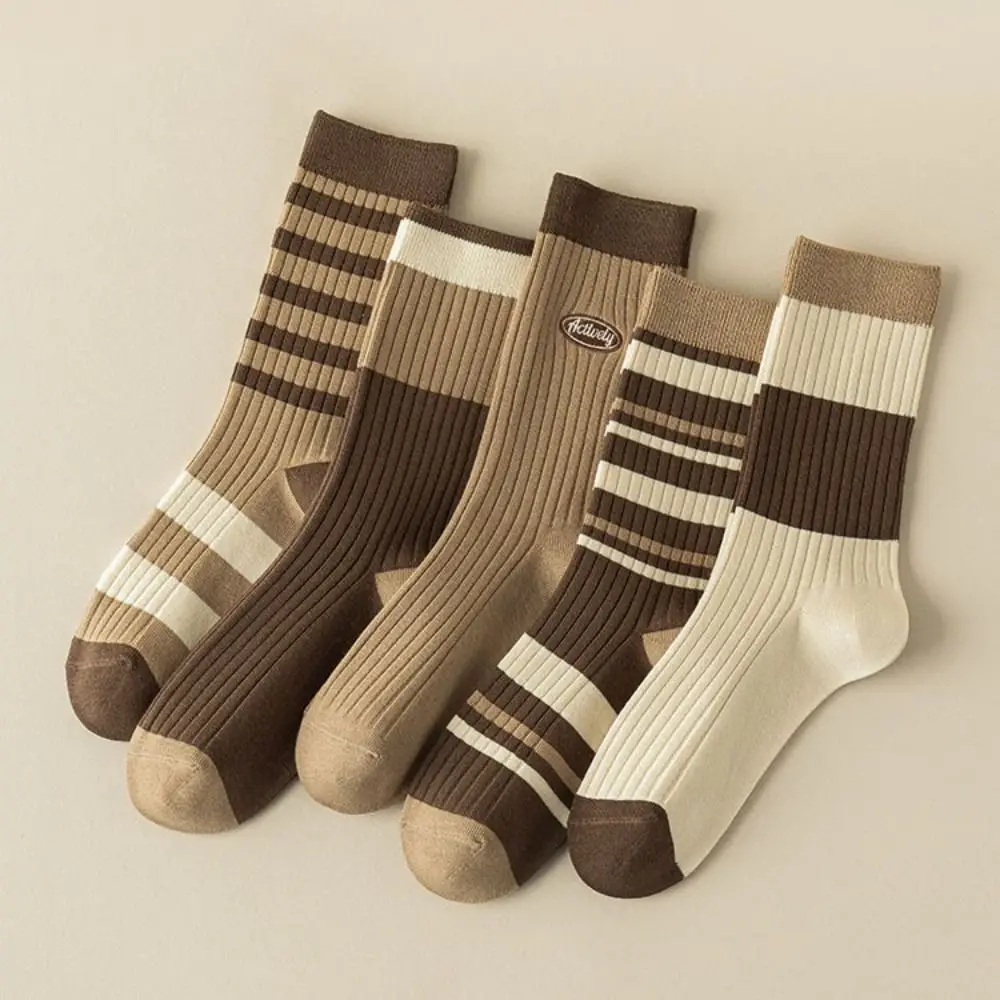 

5Pairs College Style Retro Women's Cotton Socks Breathable Soft Stripe Tube Socks Thin Hosiery Mid-calf Socks for Four Seasons