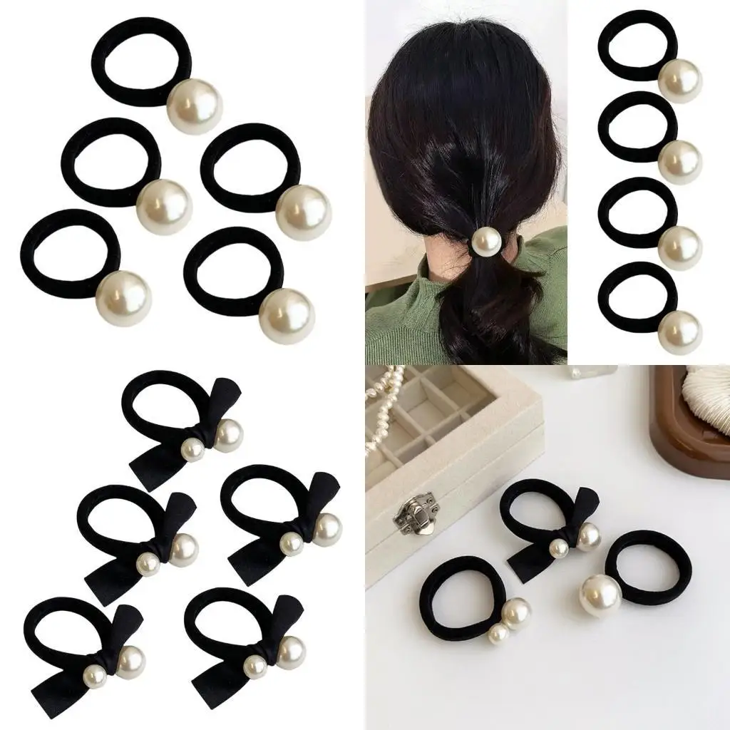 652f 5pcs ربطة عنق مرنة للإناث فتاة مرونة لؤلؤة اصطناعية مصطنة بالشعر دوائر الشعر للارتداء غير الرسمي