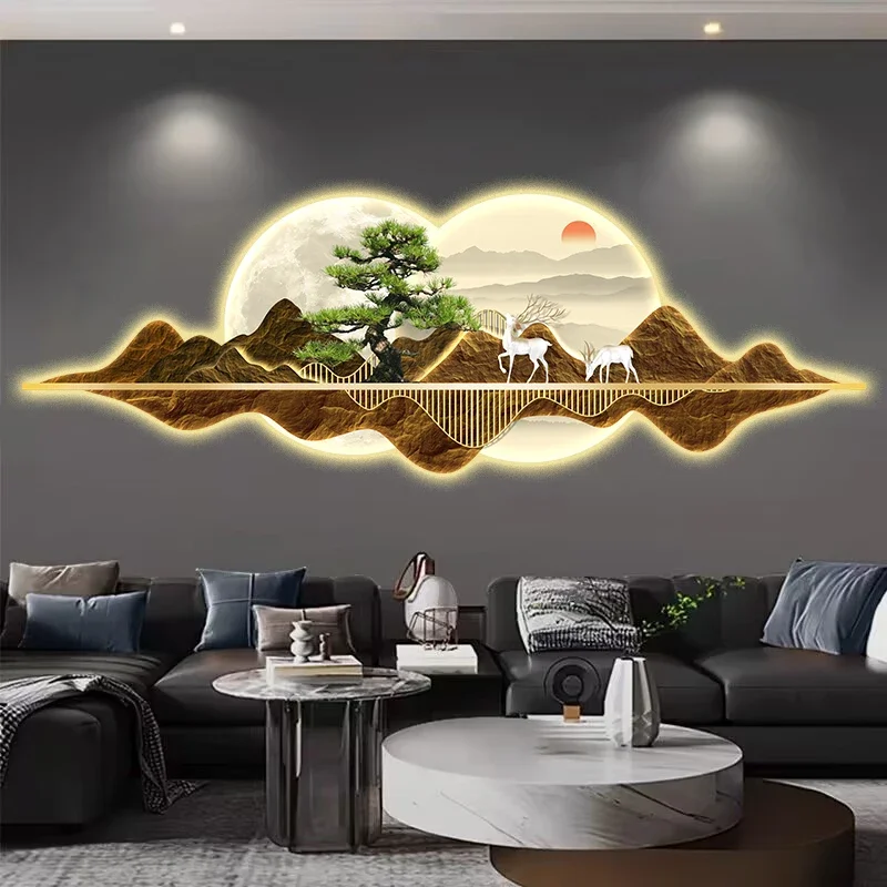 New Chinese-style Living Room LED Illuminated Lights, Grand Wall Lamps, Welcoming Pine Trees, Sofa Background Wall Lamps