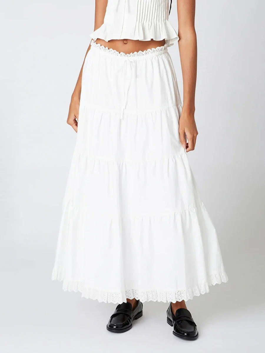 Saia longa branca linha A feminina, elegante na frente, guarnição com renda, retalho de ilhós, em camadas, cintura baixa, casual, verão, primavera