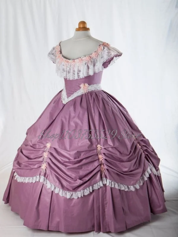 Renaissance Purple Victorian Prom Dress Elegant Rococo Corset Tie Lace Short Sleeve Tiered Ruffle Ruffles Masquerade Party Dress