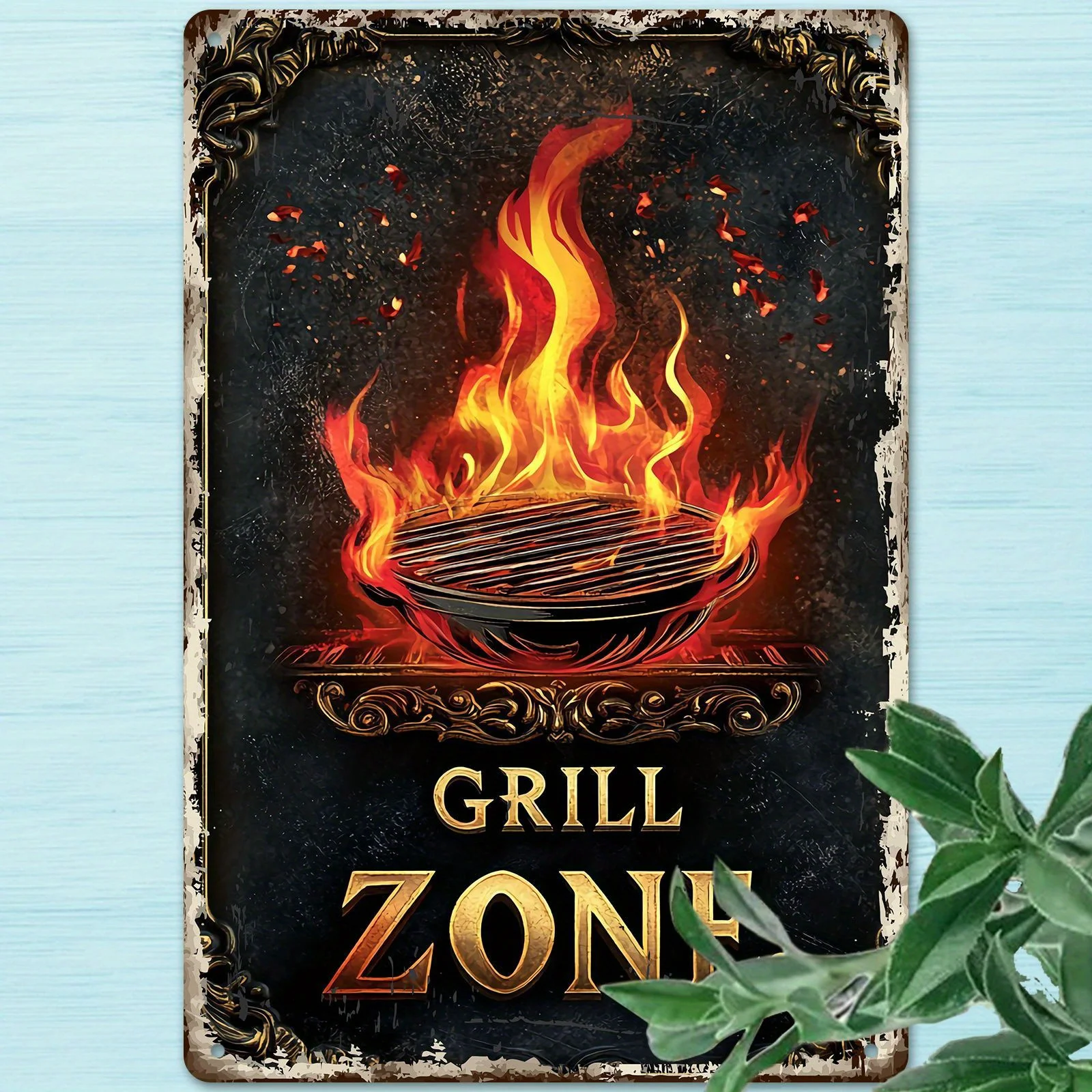 Paquete de 1 Letrero Metálico Vintage de Hojalata con la Leyenda 'Grill Zone' - Arte de Pared Rústico de Hierro con Llamas, Diseño de Parrilla, Decoración Duradera para Interiores/Exteriores para K