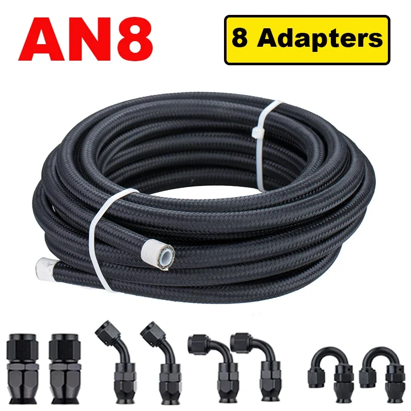 6M 20FT AN4 AN6 AN8 PTFE Nylon Roestvrij Staal Gevlochten Brandstof Gas Olie Lijn Slang Montage 0+45+90+180 Graden 8x Eindfitting Adapter