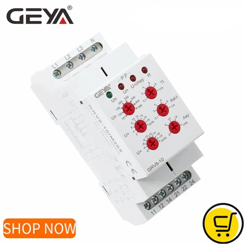 GEYA GRV8-10 Volt Control Relay 36mm Width 3 Phase Voltage Monitoring Relay with Reset Time 0.1s-10s Relay Control Voltage 220V