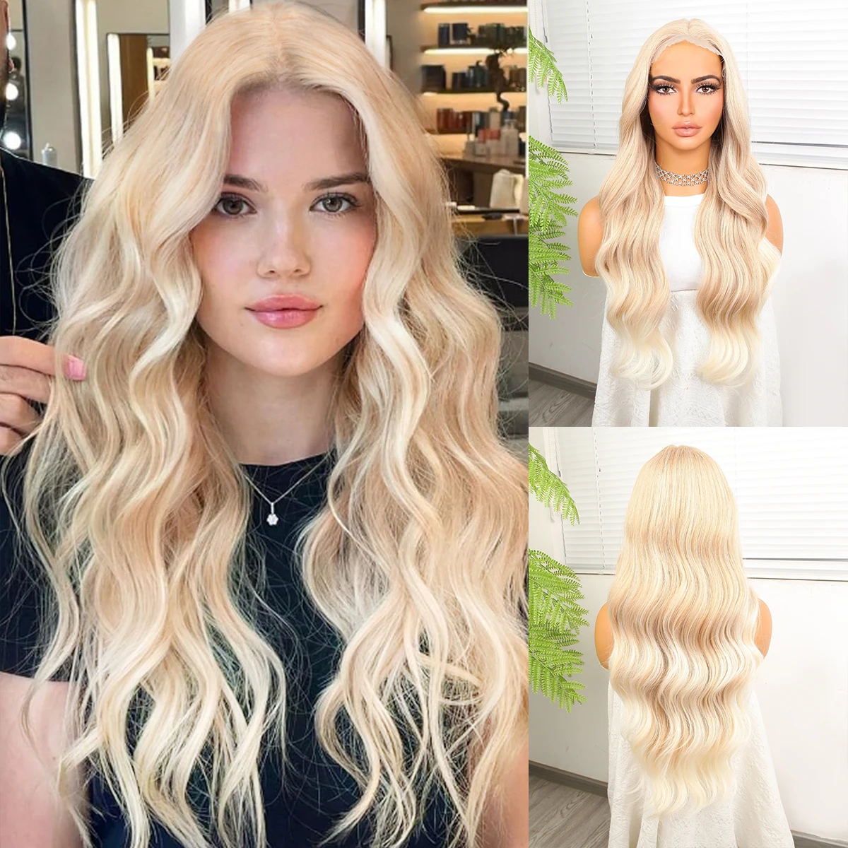 13*4 Lace Front Wig Long Natural Wave Curly Synthetic Wigs For Ombre Blonde Women's Daily Use Easy to Wear heat-resistant fiber