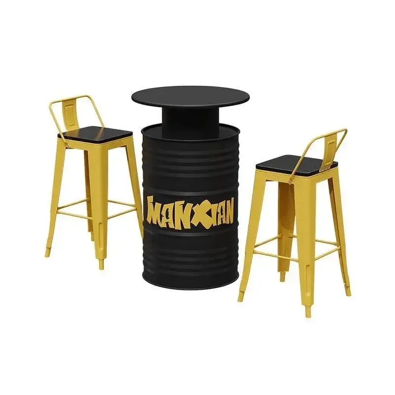 

Industrial style table and chair combination wrought iron high foot solid wood back chair creative oil drum industrial styleFurn