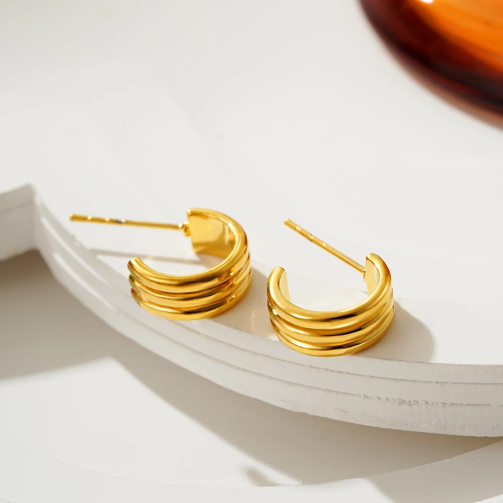 Fashion Minimalist Stainless Steel Gold Color Three Layer C Shape Stud Earrings Prevent Waterproof Charm Jewelry Women Gift