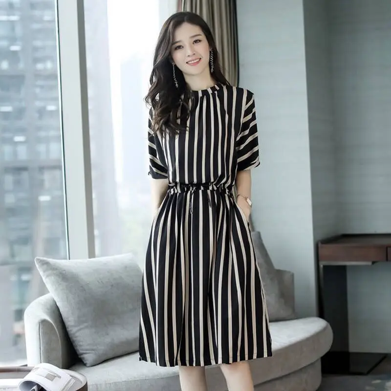 Temperament Lacing Ladies Dresses Summer New Short Sleeve O-Neck All-match Striped Loose Midi Dress Fashion Casual Women Clothes