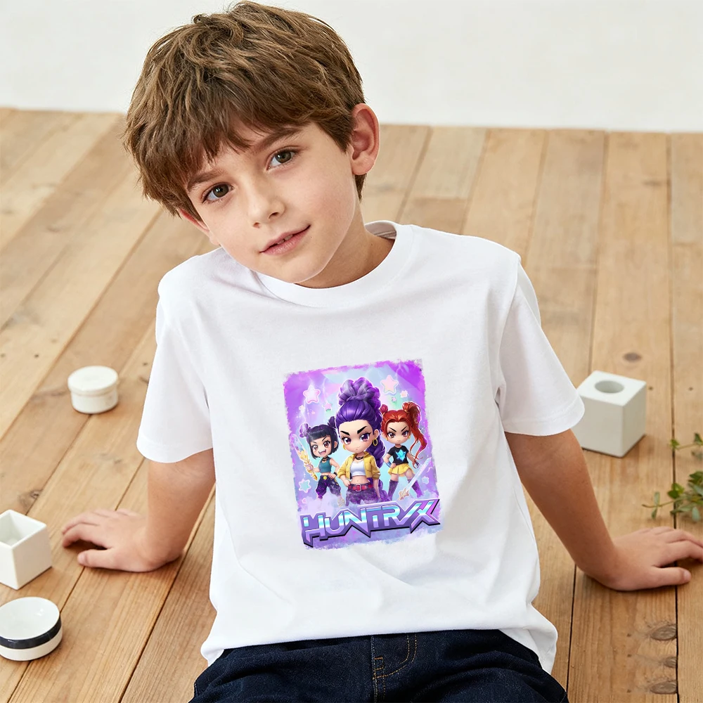 Kaos Kpop Demon Hunters Custom Print Grafis 230Gsm Katun Pakaian Anak Musim Panas 2025 Kaos Film Anak Perempuan Laki-laki Lengan Pendek Atasan