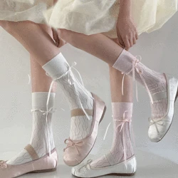 Women Ballet Style Ribbon Y2K Bow Bandage Stockings Lace Stripe Balletcore Calf Socks Lolita Hollow Out Harajuku Lace Mesh Sock