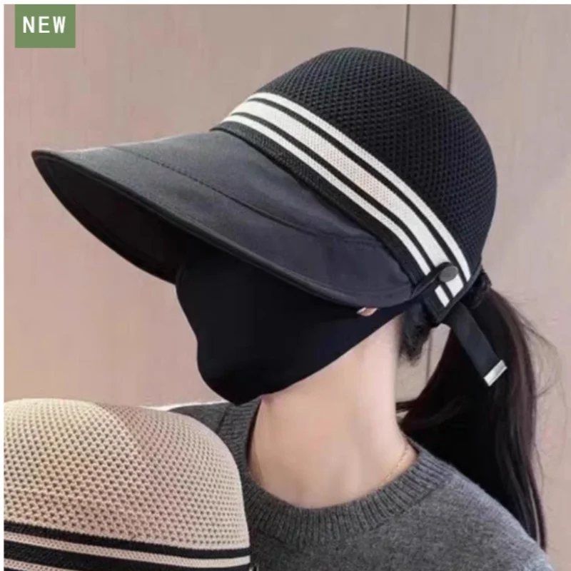 

Sunscreen Hat Striped Splicing Knit Top Breathable Large Brim Sun Hat Women Cycling Sun Hat UPF50+