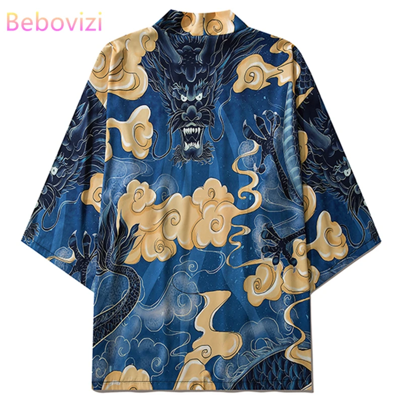 Casual Blue Haori Cartoon Dragon Print Chinese Style Shirts Coat Women Men Yukata Cardigan Kimono Summer Japanese Traditional