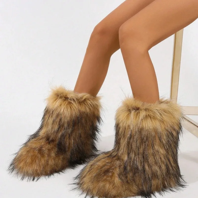 

High Quality Women's Winter Mid Calf Snow Boots New Luxury Furry Faux Fox Fur Boots Woman Plush Warm Platform Flat Shoes Bottes