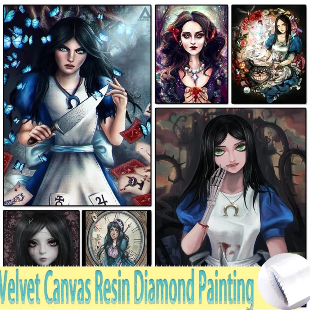 Alice In Wonderland 5D DIY Velvet Canva Resin Diamond Painting Gothic Vampire Full Crafts Mosaic Kit Cartoon Art Home Decor Gift