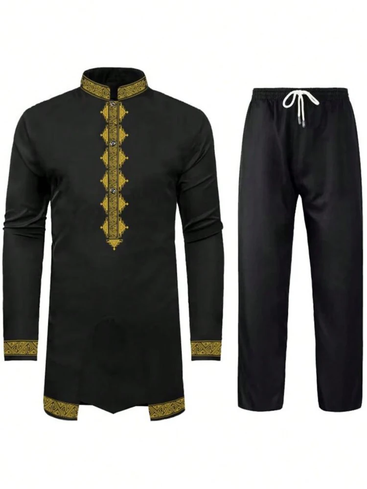 Muslim Robe Yellow Navy Blue Long-Sleeved Trousers The Traditional Dress of Arab Men 3D Pattern Printing Black White