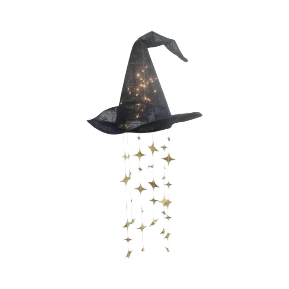 Witch Hat Chime with Light Up LED Effect and Gentle Star Swing for Halloween Indoor Decor 48cm Hat 70cm Total Witch