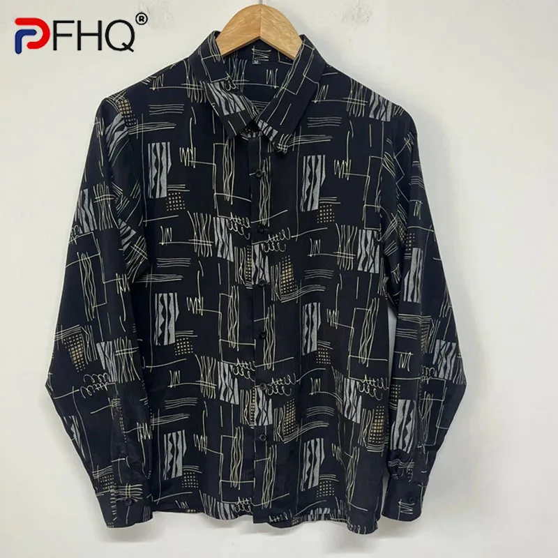 

PFHQ Versatility Trendy Designer Men's Shirt Turn-down Collar 2024 Print Casual Korea Fashion Male Tops Contrast Color 21Z5068