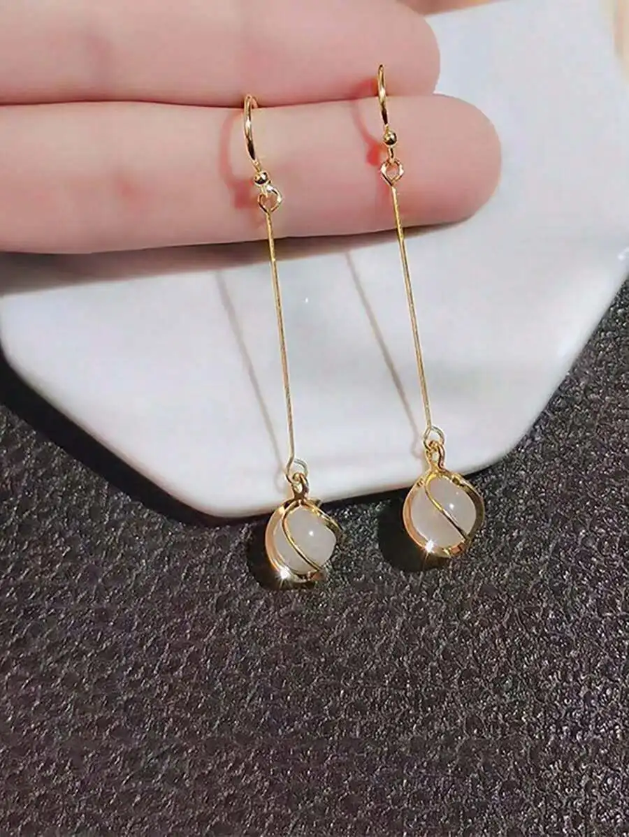 

1pc Simple Cat Eye Stone & Tassel Dangle Earrings, Minimalist & Chic & Unique & High-End Design Gift. Valentine's Day Accessorie